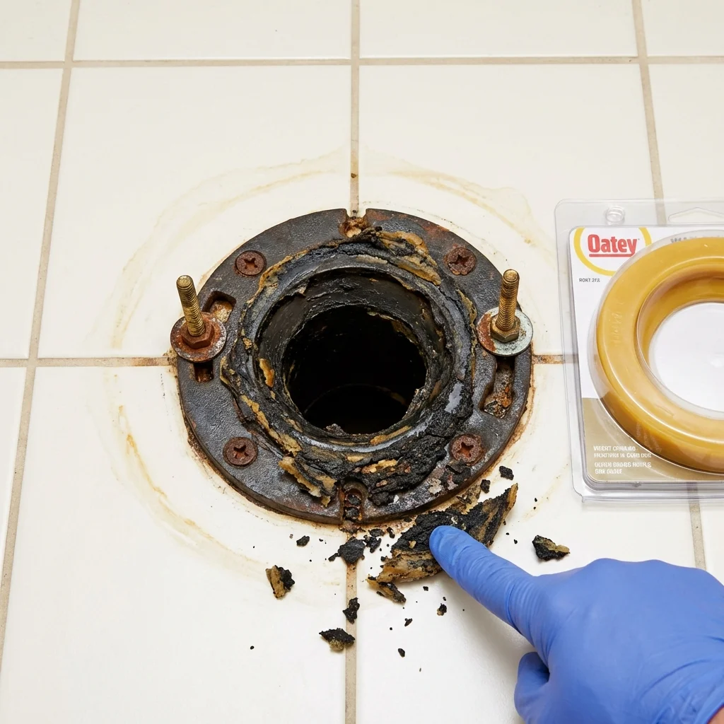 Failed wax ring showing water seepage at the base of a toilet in a Arlington, VT home