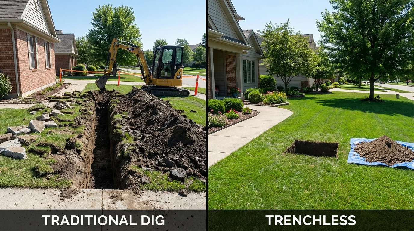 Trenchless sewer repair with minimal yard damage versus traditional excavation in Arlington, VT