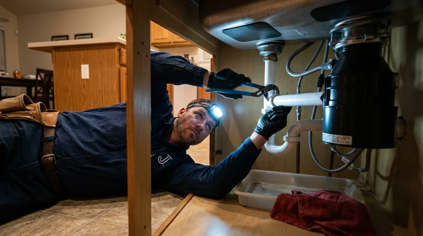 P-trap and supply line connections under a kitchen sink showing a common leak point in Arlington, VT